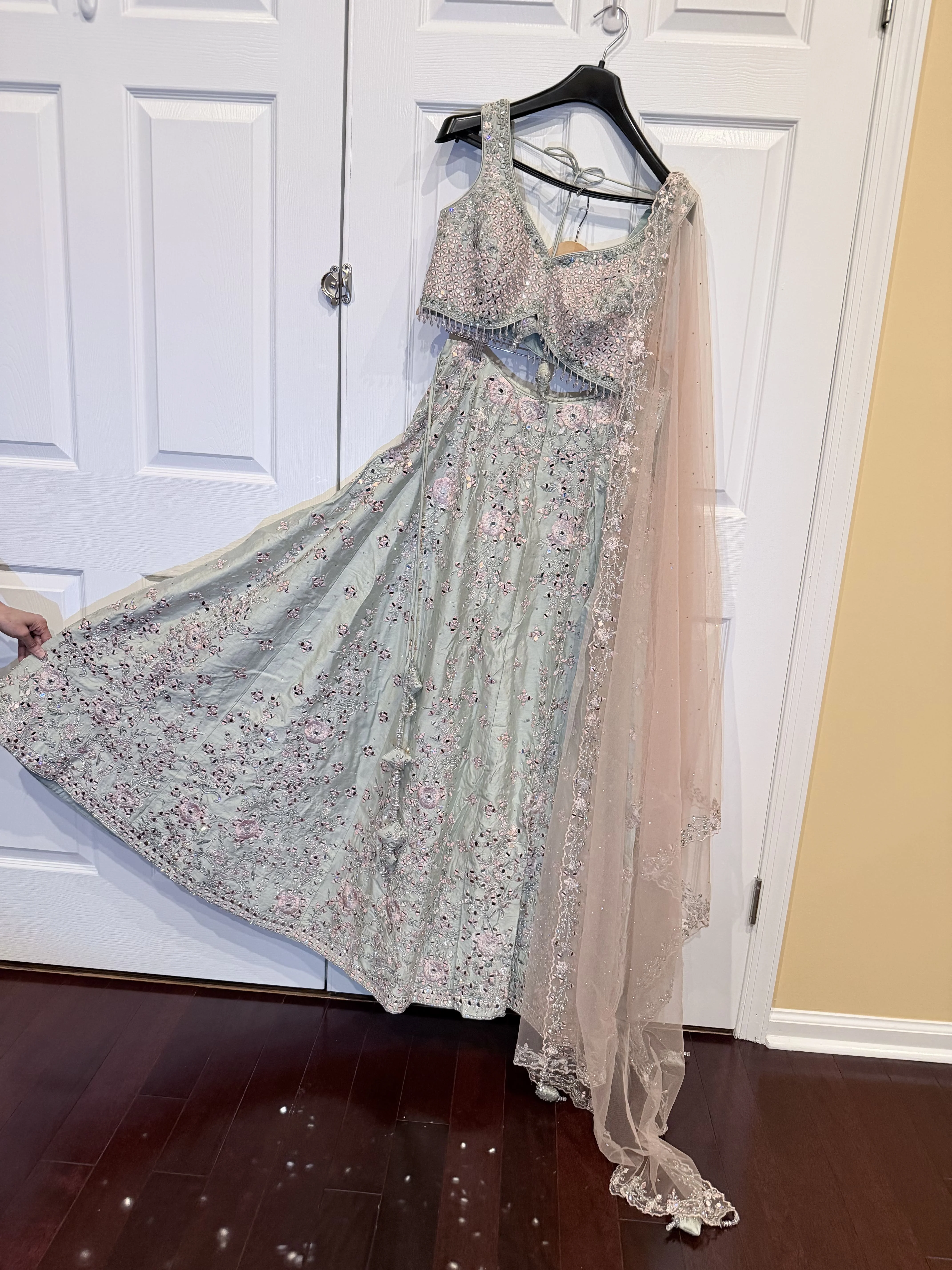 Image 4 of Pastel Mint Green Silk Lehenga with Thread and Mirror Work
