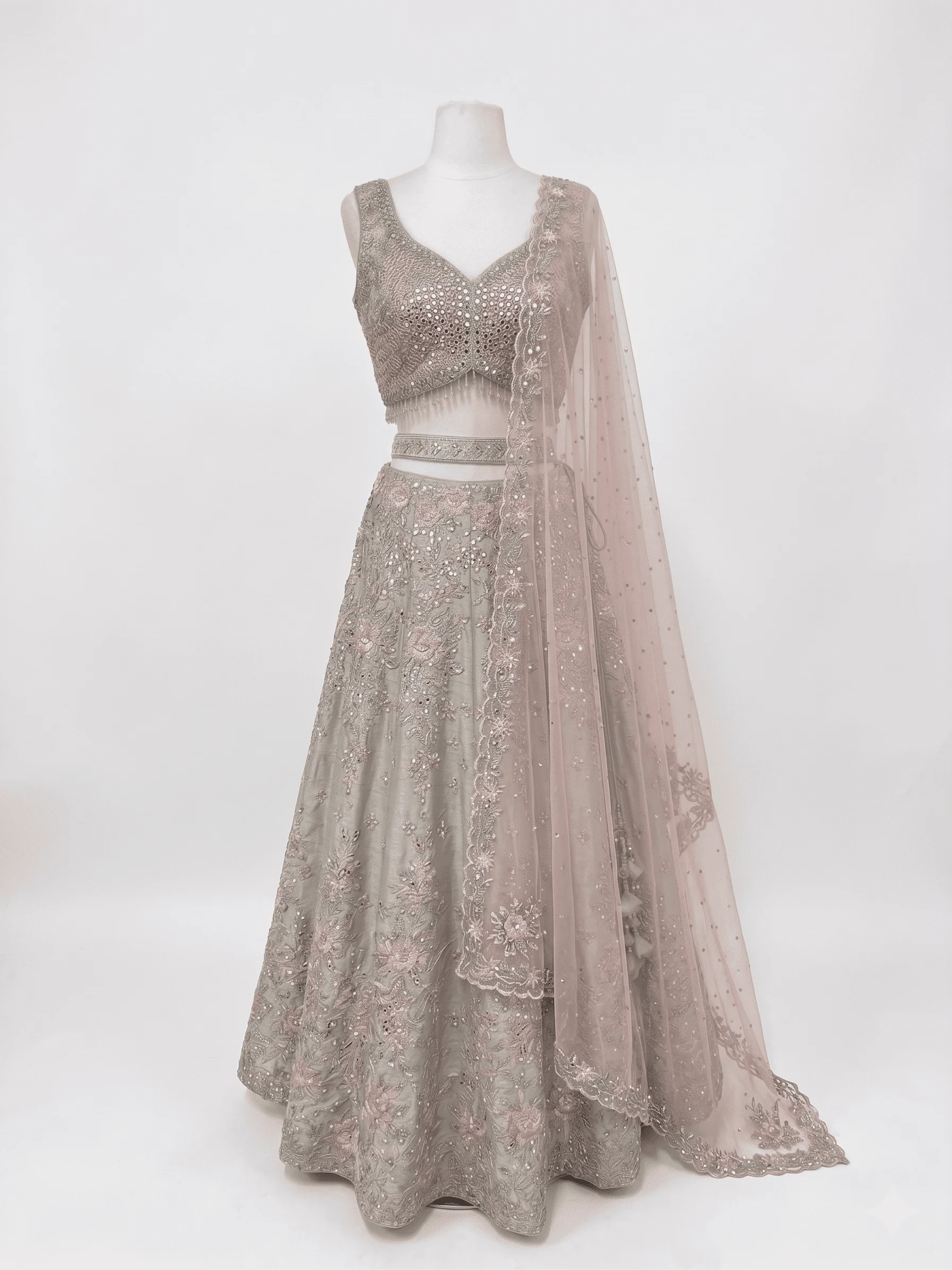 Image 2 of Pastel Mint Green Silk Lehenga with Thread and Mirror Work