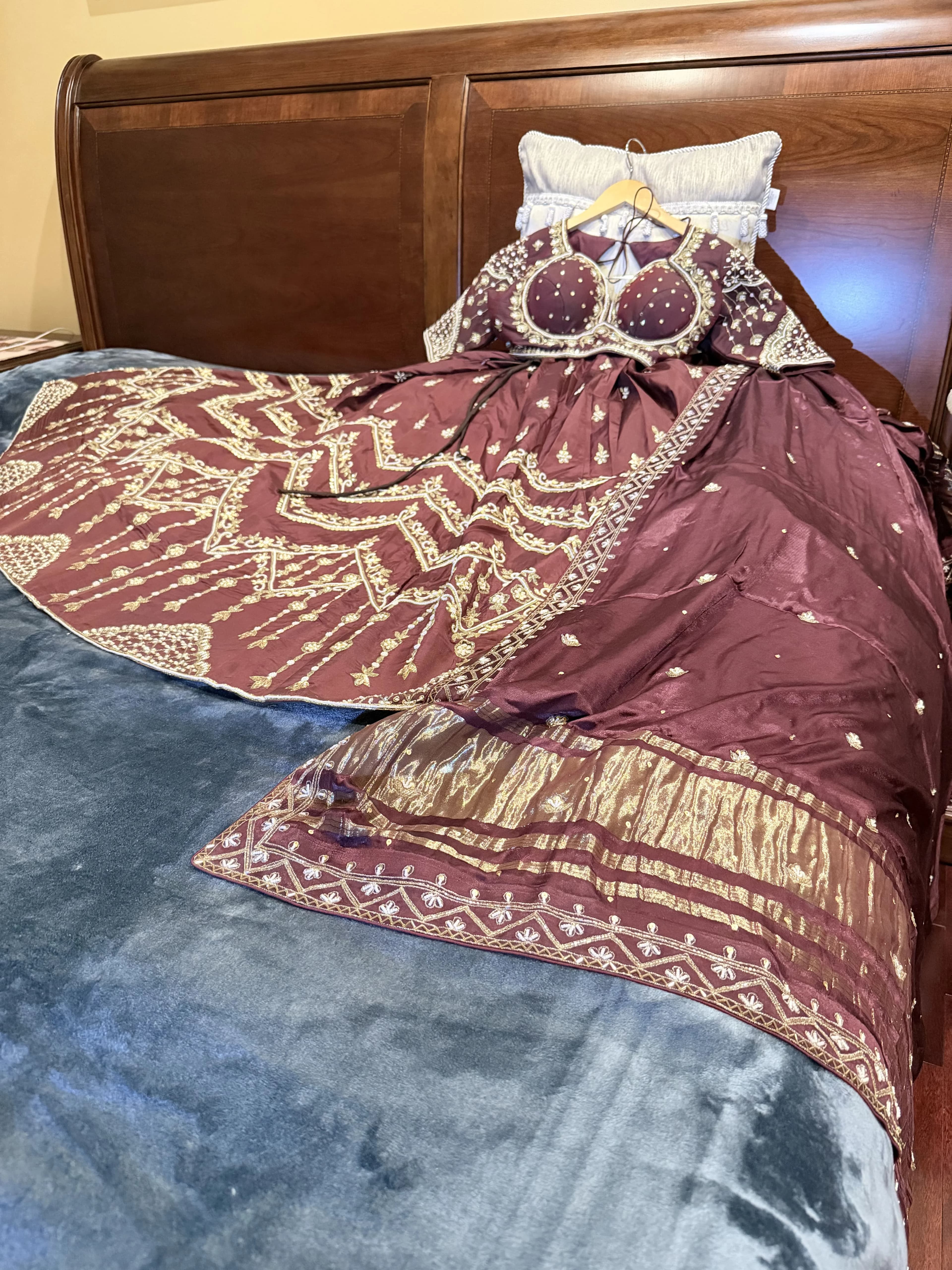 Image 4 of Dark brown Silk lehenga with Handmade Khatla Work Pearl Embroidered