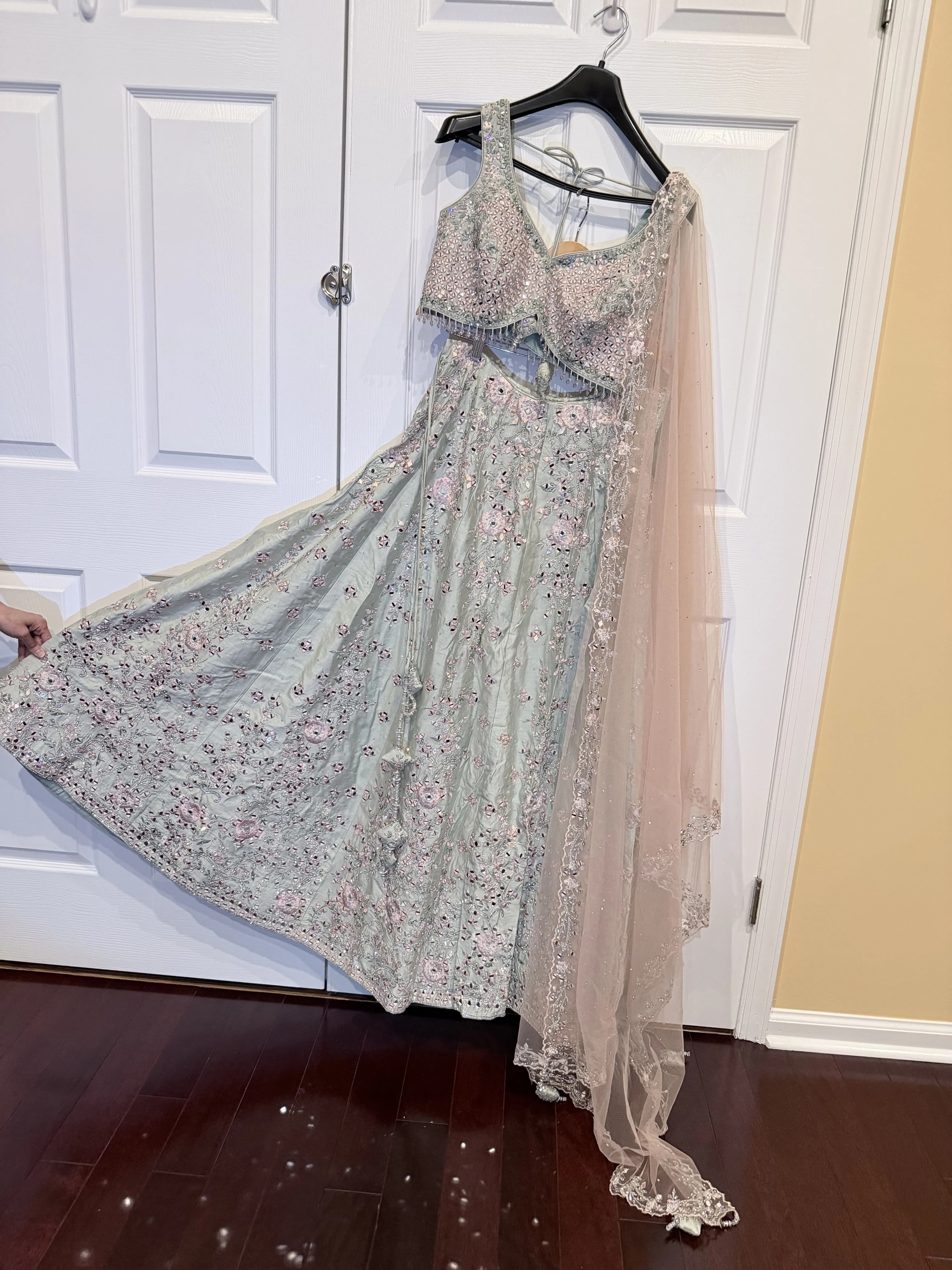 Image 4 of Pastel Mint Green Silk Lehenga with Thread and Mirror Work