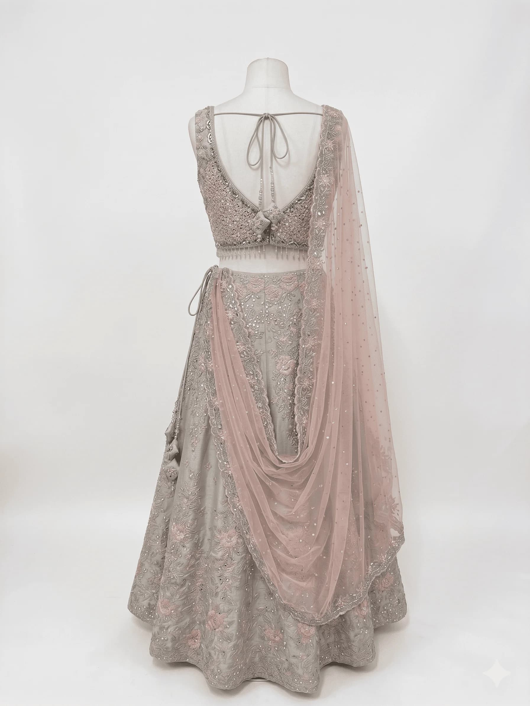 Image 3 of Pastel Mint Green Silk Lehenga with Thread and Mirror Work