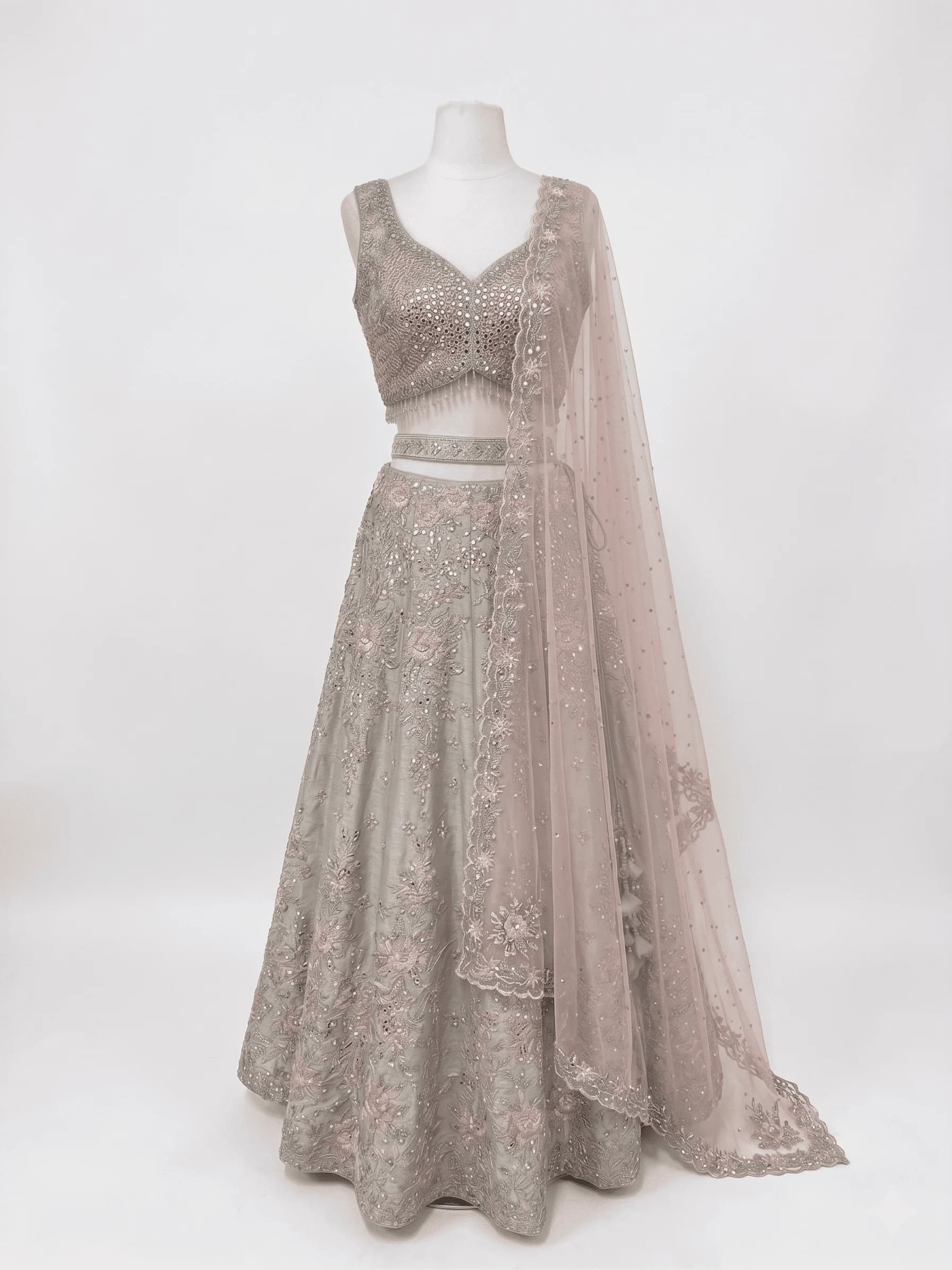 Image 2 of Pastel Mint Green Silk Lehenga with Thread and Mirror Work