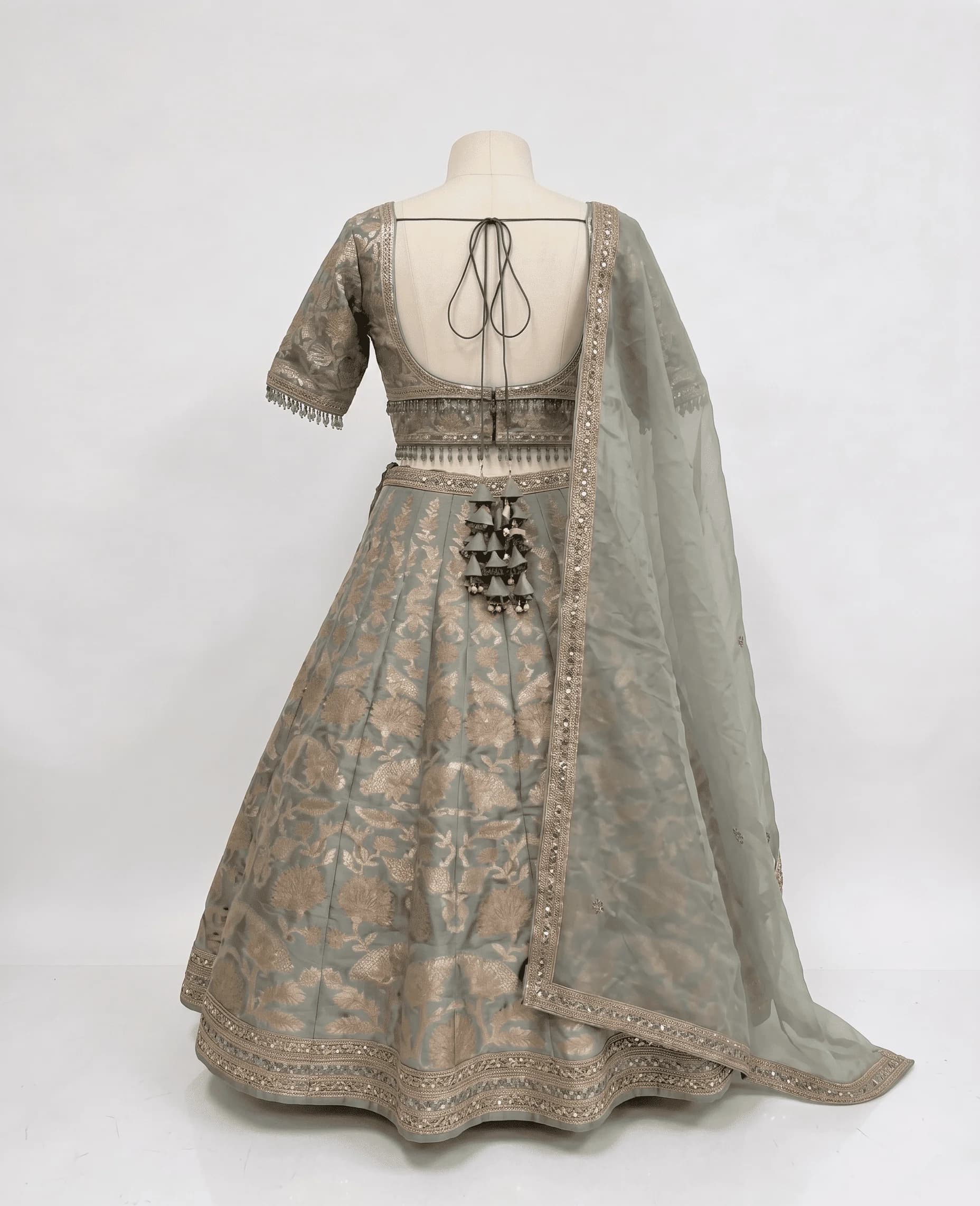 Image 6 of Spray Green lurex patch and thread embroidered lehenga with organza dupatta