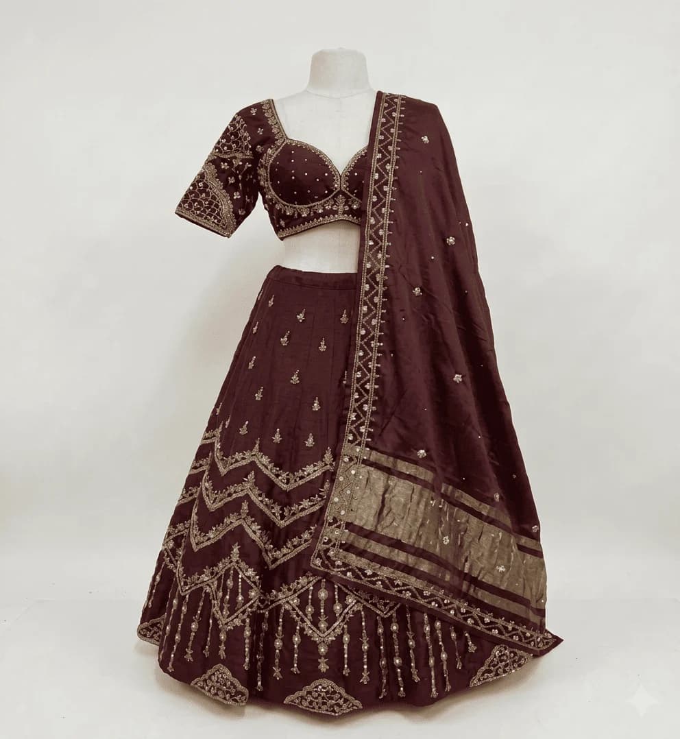 Image 2 of Dark brown Silk lehenga with Handmade Khatla Work Pearl Embroidered