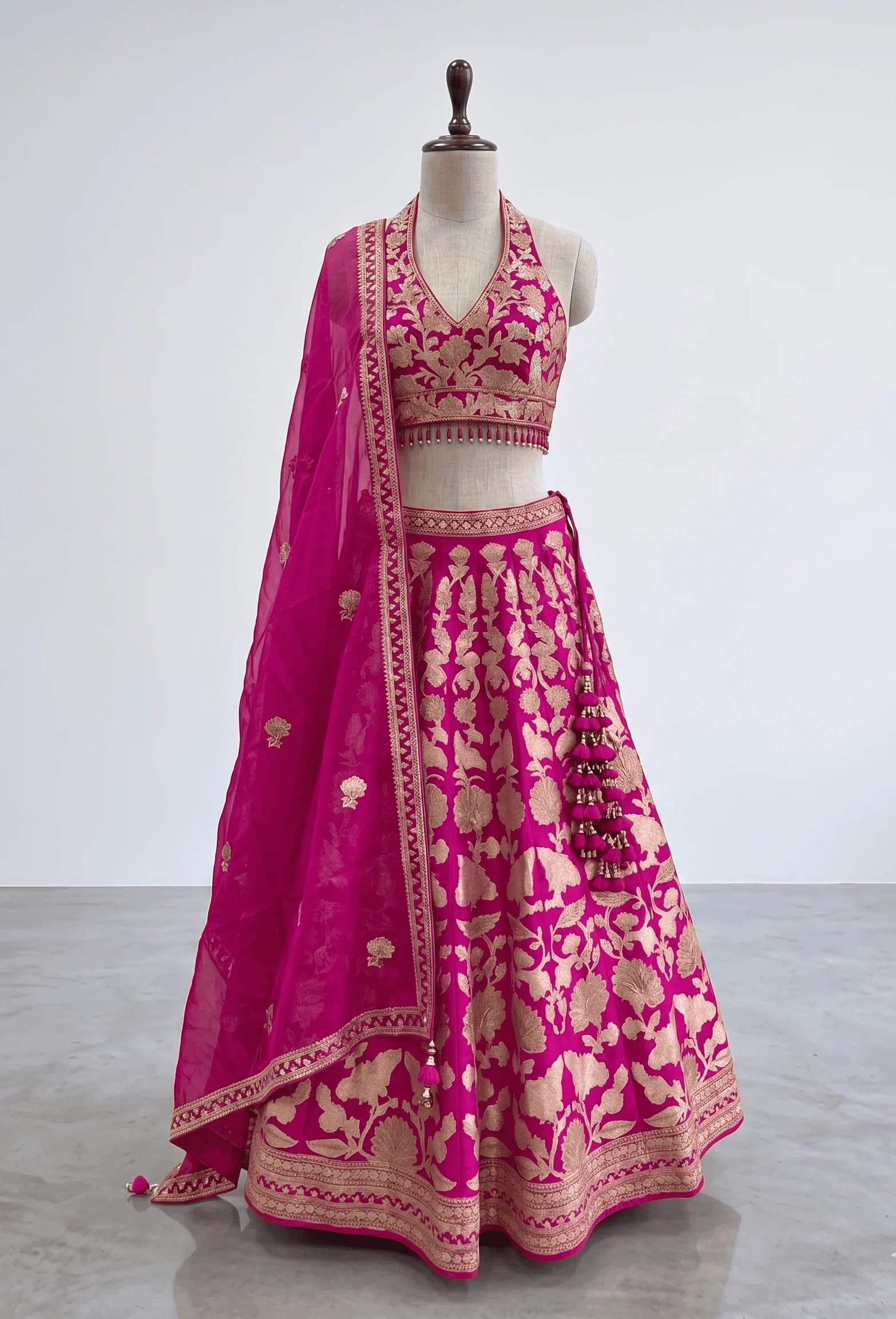 Image 1 of Fuchsia Pink Lurex Patch and Thread Embroidered Lehenga with Organza Dupatta
