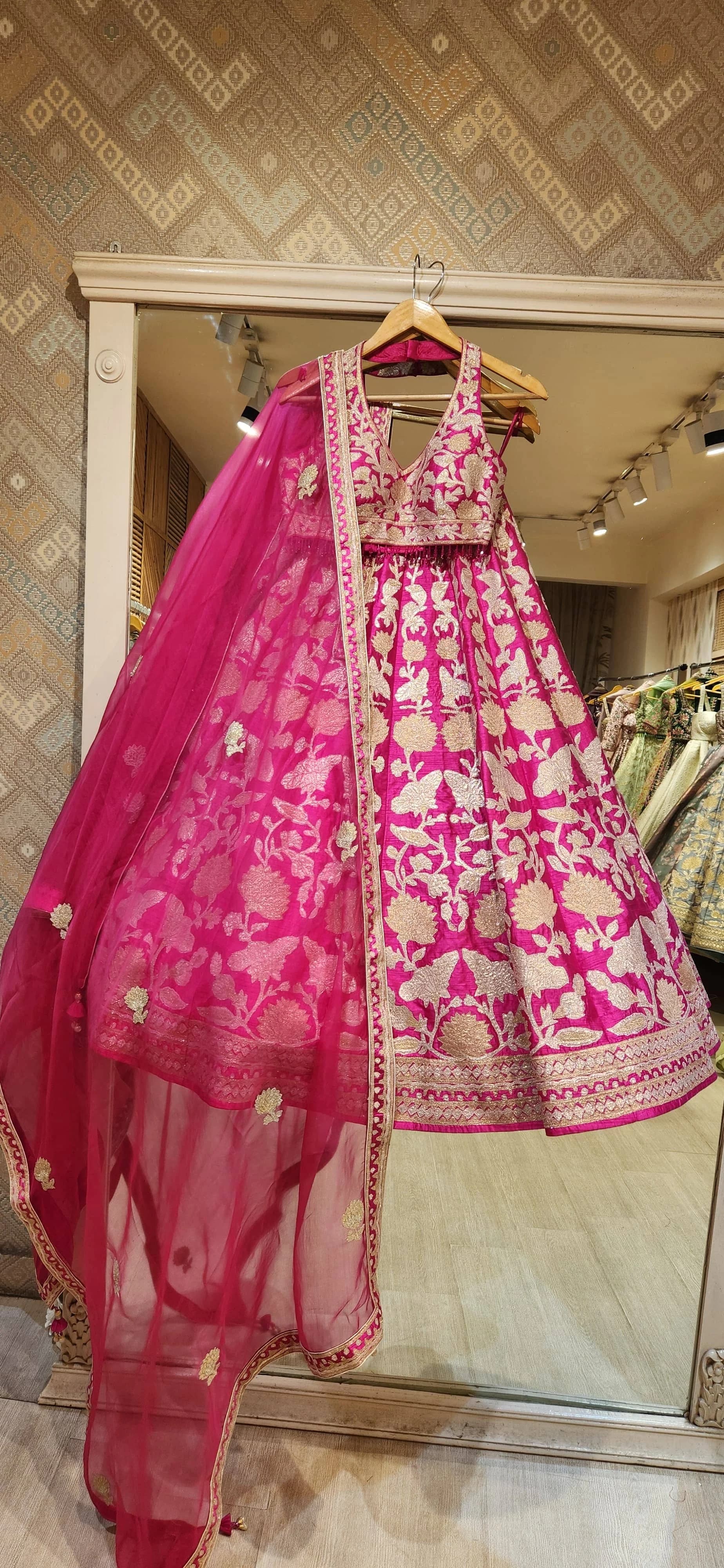 Image 3 of Fuchsia Pink Lurex Patch and Thread Embroidered Lehenga with Organza Dupatta