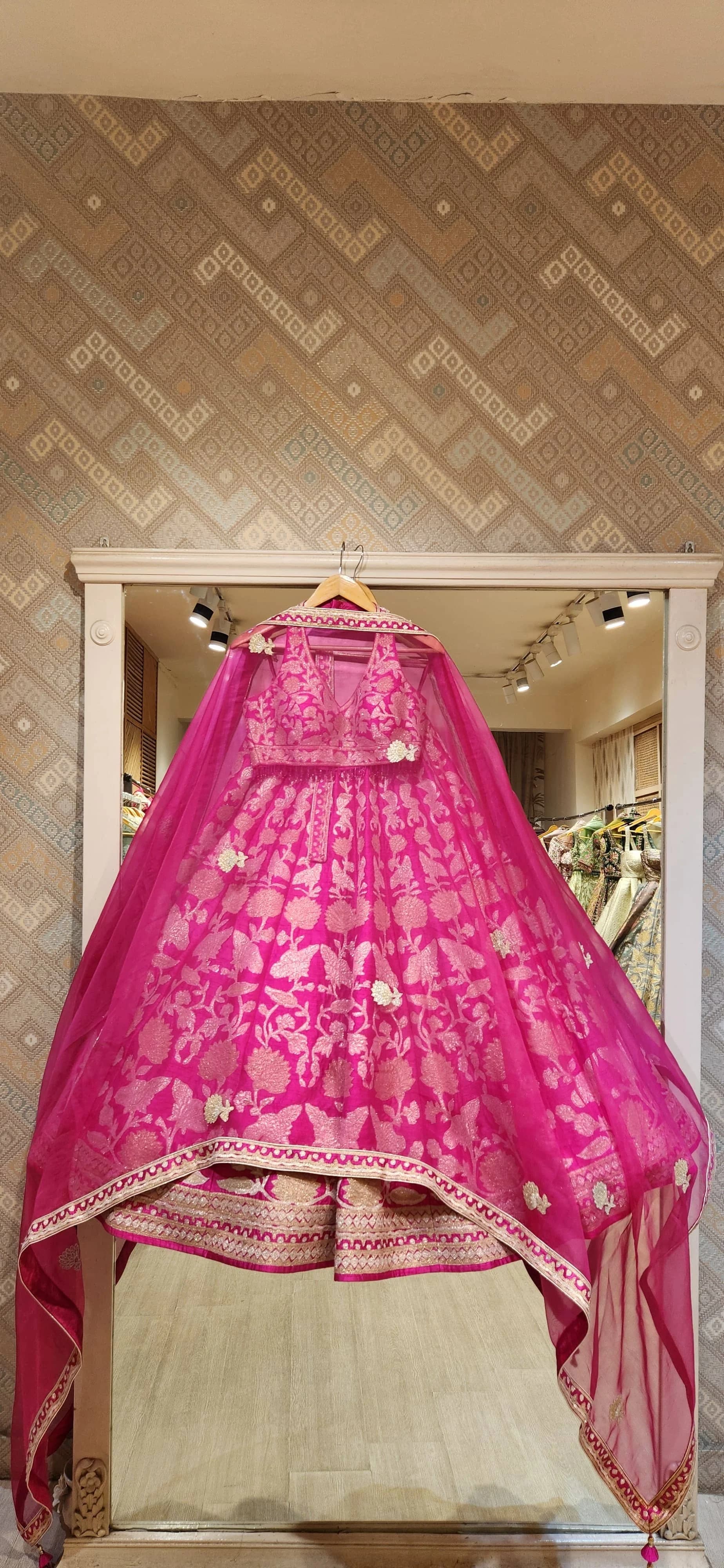 Image 5 of Fuchsia Pink Lurex Patch and Thread Embroidered Lehenga with Organza Dupatta