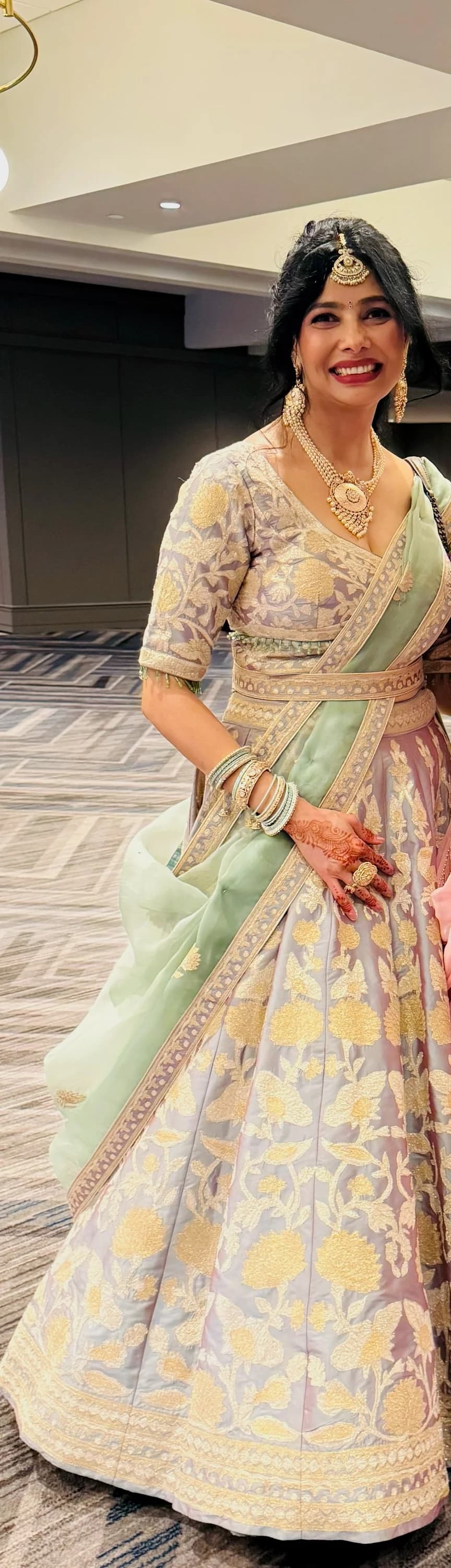 Image 1 of Spray Green lurex patch and thread embroidered lehenga with organza dupatta