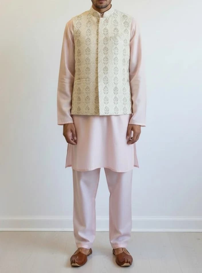 Image 1 of Baby Pink and Cream Kurta Pajama with Vest